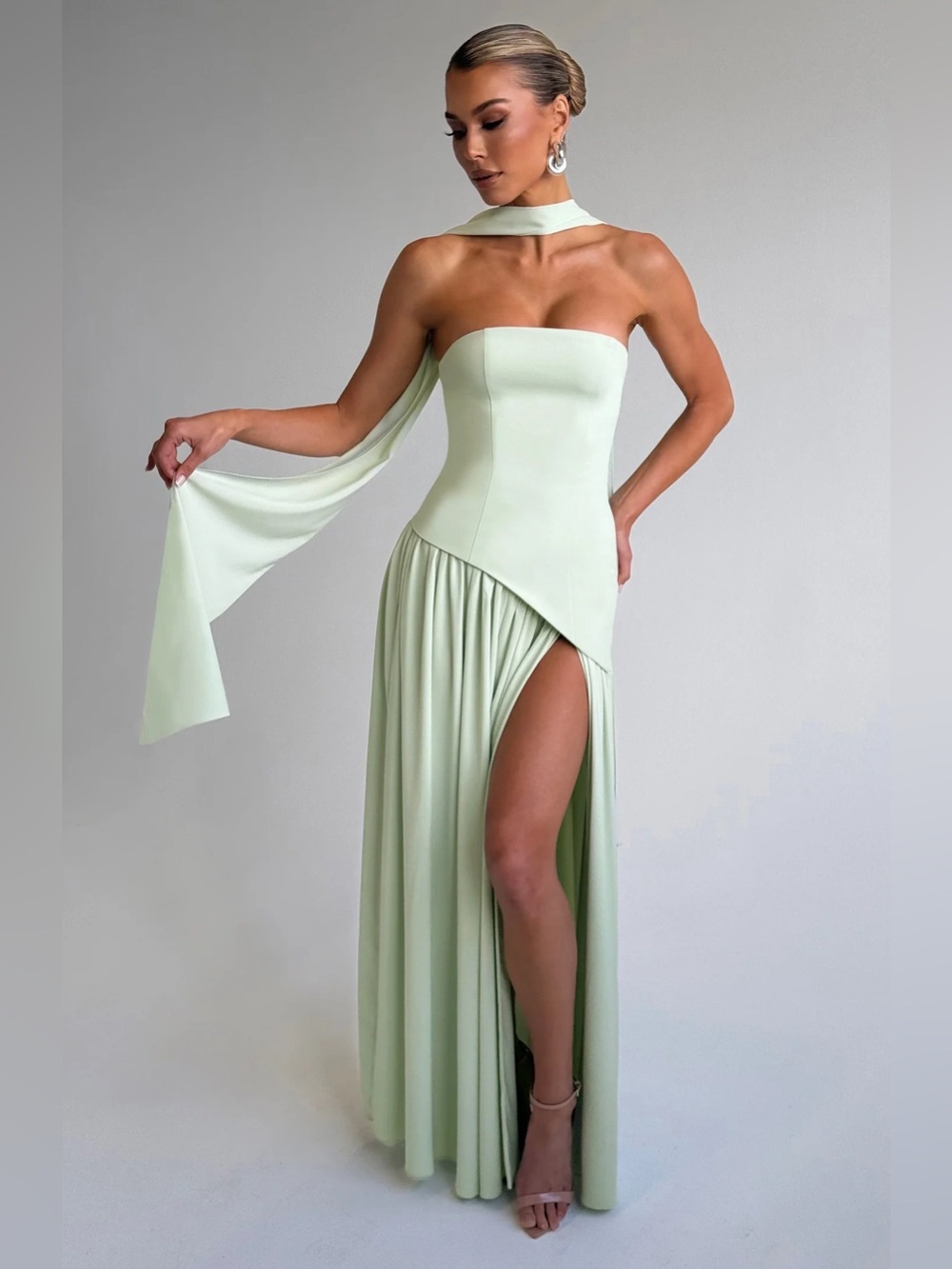 BABYBOO Maliyah Maxi Dress XS Mint Green Asymmetrical Chiffon Side Slit Formal